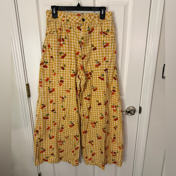 Farm x Anthropologie Yellow Gingham Wide-Leg Pants with Cherry Print - Picture 3 of 7